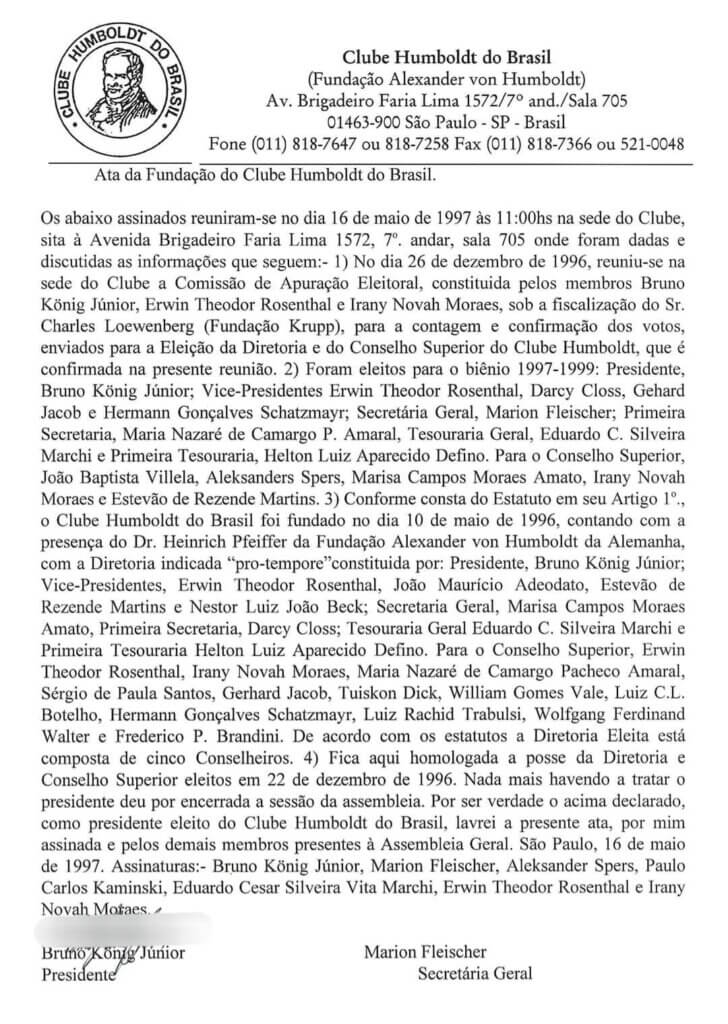 Imagem do documento de fundação do Clube Humboldt